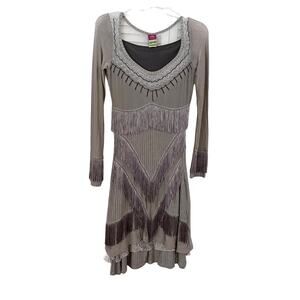 Save The Queen Long Sleeve Metallic Stripe Fringe Dress Greige Women's Small